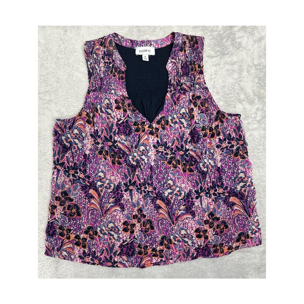 Evereve Size Medium Brandi Smocked Chiffon Tank Top Pink Purple Floral